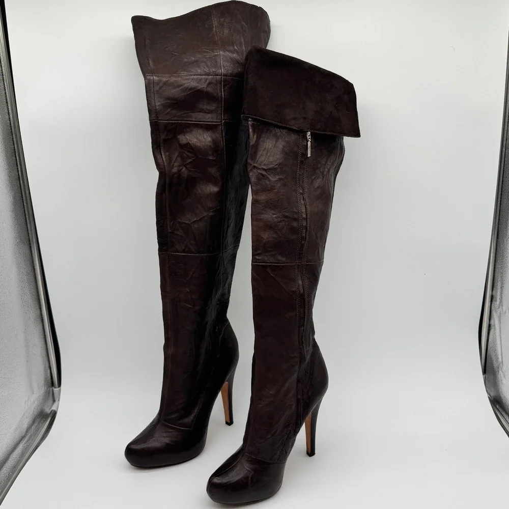 Report Signature Boots Womens Brown Leather Over The Knee Stiletto Platform